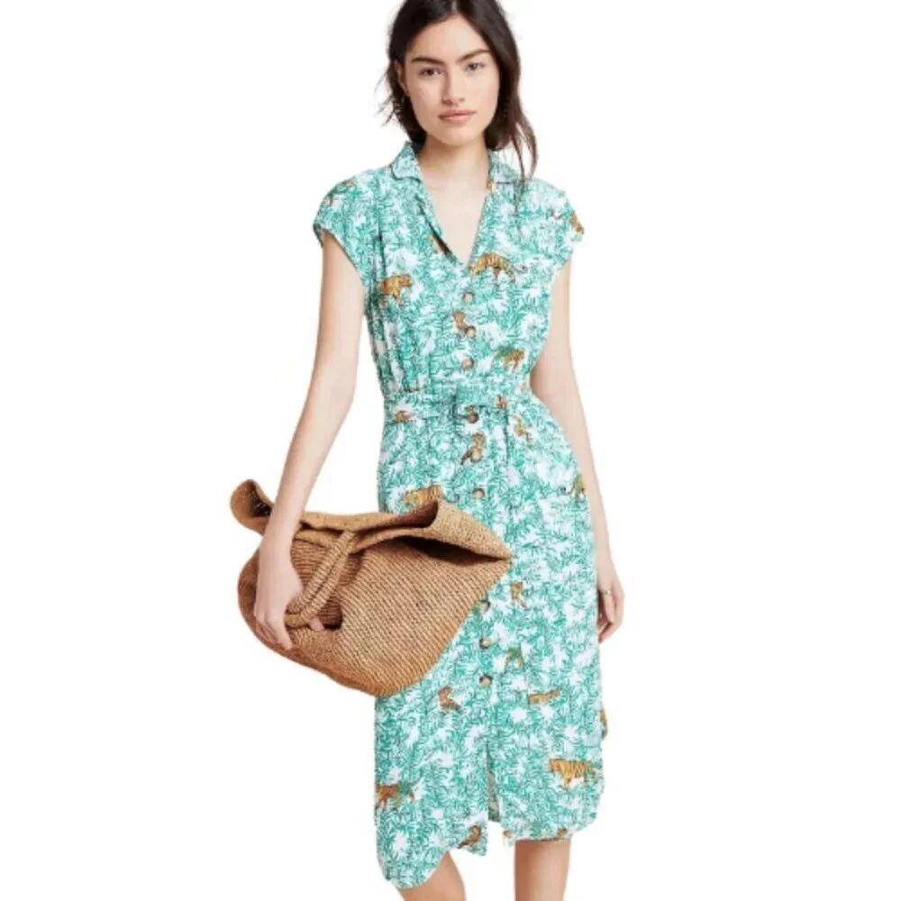 Anthropologie | Dresses | Anthropologie Womens Maeve Catherine Shirtdress  Green Floral Tiger | Poshmark